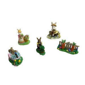 Vtg Easter Bunny Village Figurines Rabbit in Bathtub Fence Mushrooms Ducks Set 5